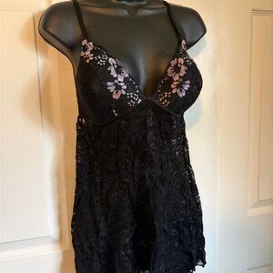 George Black Lace Chemise with Pink Floral Embroidery